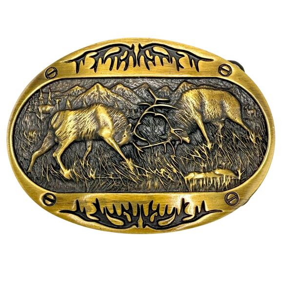 Fighting Bull Elk Belt Buckle Brass Color Oval Outdoor Western Hunting Wildlife - Picture 1 of 5